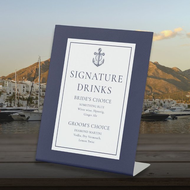 Expositor En L Bebidas con sello de ancla náutica azul marino (Navy Blue Nautical Anchor Signature Drinks Pedestal Sign)