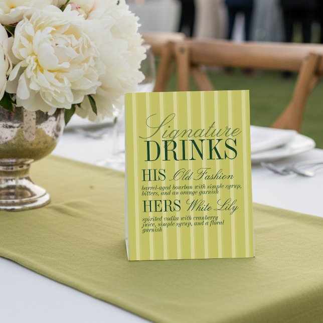 Expositor En L Bebidas de Firma con Raya Chartreuse Elegante para (Elegant Chartreuse Stripe Signature Drinks Wedding Pedestal Sign)
