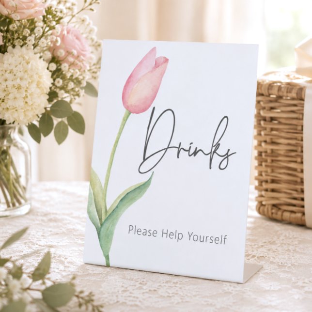 Expositor En L Bebidas para Despedida de Soltera con Tulipán Rosa (Modern Pink Tulip Solo Bridal Shower Drinks Pedestal Sign)