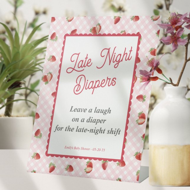 Expositor En L Berry Sweet-Pink Gingham, Late Nigh Diapers Game (Pink Gingham with Strawberry-Baby Girl Shower Late Night Diapers Sign.)