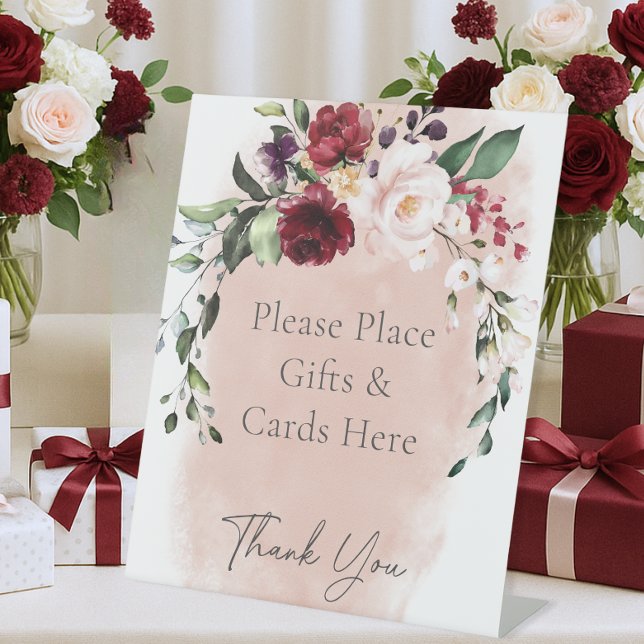 Expositor En L Bienvenida a la ducha de novia con rosas rusas de  (Rustic Burgundy Pink Roses Bridal Shower Table Pedestal Sign)