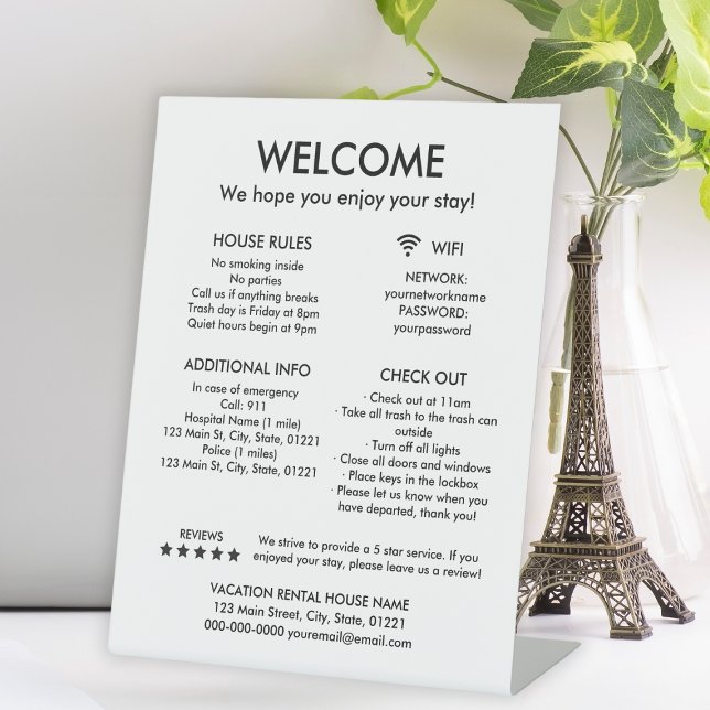 Expositor En L Bienvenida a las reglas modernas de alquiler de ca (Modern White Vacation Rental House Welcome Pedestal Sign
)