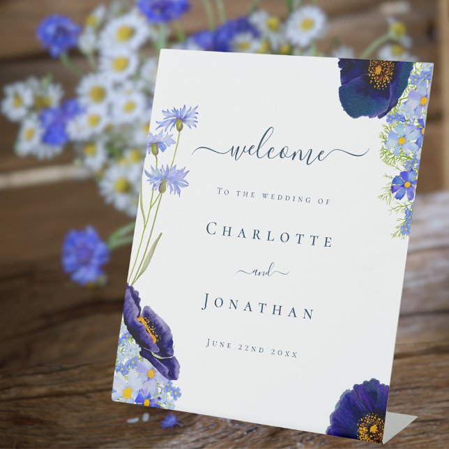 Expositor En L Bienvenida a un Boda de flores silvestres moderno (Elegant blue summer floral rustic wildflower wedding welcome with stylish typography script )