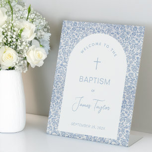 Expositor En L Bienvenida Bautizo Niño Arco Floral Azul Blanco