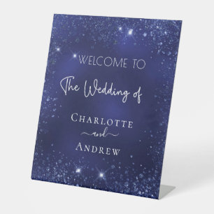 Expositor En L bienvenida con brillantes azules de la marina boda