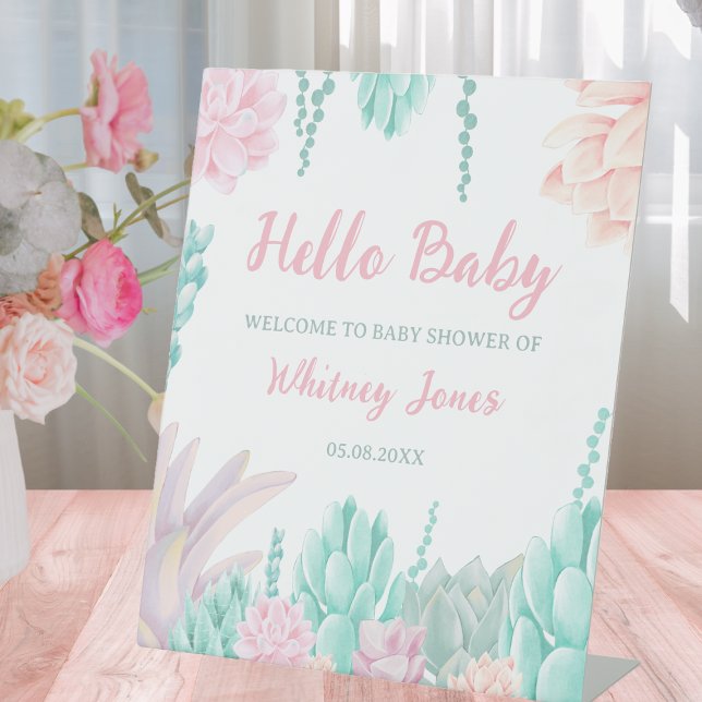 Expositor En L Bienvenida de Baby Shower de Suculentas Acuarelas  (Succulent Watercolor Cute Girl Baby Shower Welcome Pedestal Sign)