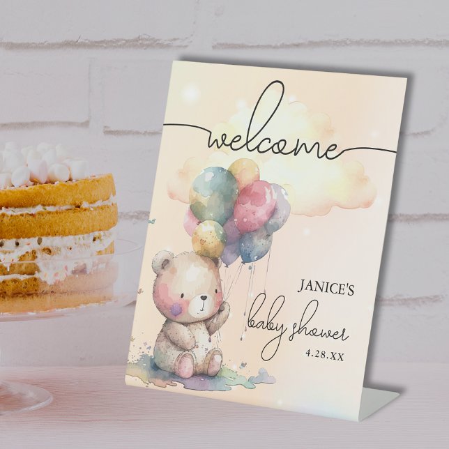 Expositor En L Bienvenida de Bear Baby Shower (Teddy Bear and Balloons Baby Shower Welcome Pedestal Sign)
