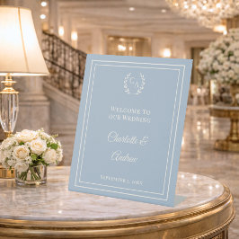 Expositor En L Bienvenida de boda elegante con monograma azul pol