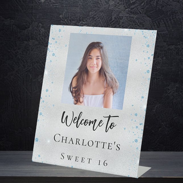 Expositor En L Bienvenida de la foto del purpurina azul plateado  (Subido por el creador)