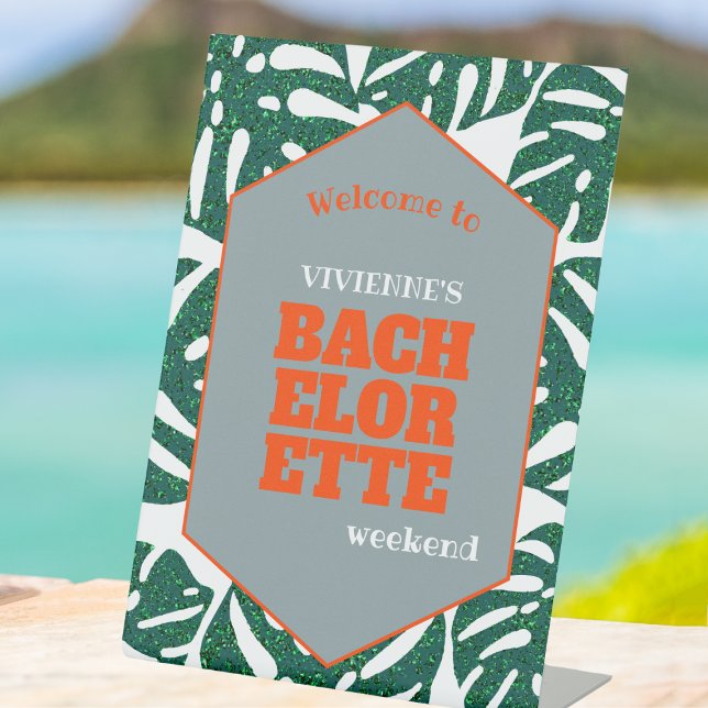 Expositor En L Bienvenida Monstera a la Fiesta Tropical de Bachel (tropical bachelorette party welcome sign glitter monstera green and orange bachelorette welcome)
