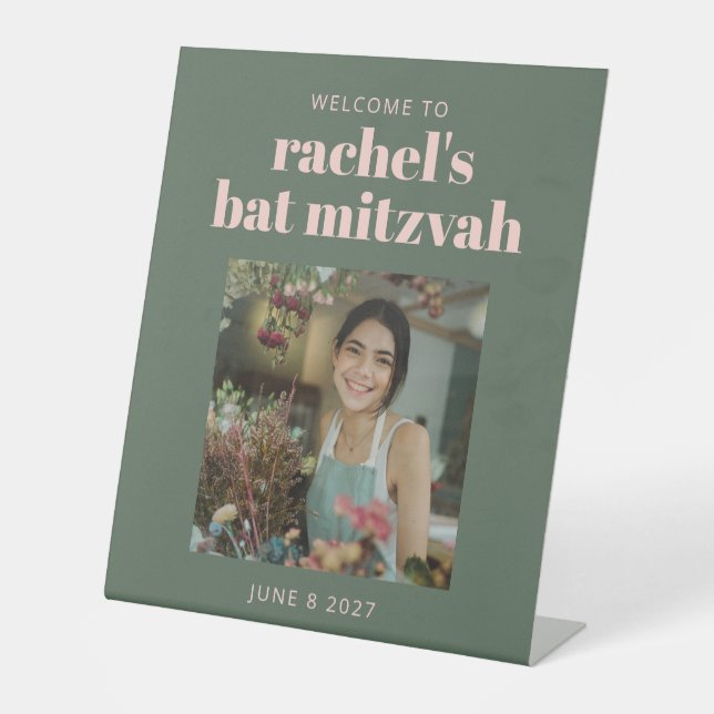 Expositor En L Bienvenida personalizada verde rosa foto Bat Mitzv (Anverso)