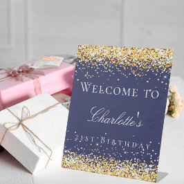 Expositor En L Bienvenida purpurina de oro azul marino de cumplea