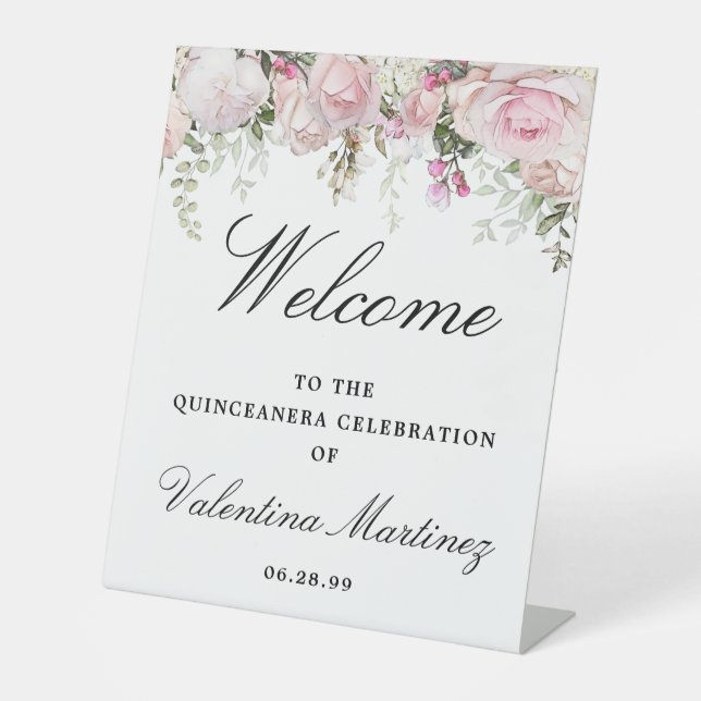 Expositor En L Bienvenida Quinceanera de Floral Rosa Blanca (Anverso)