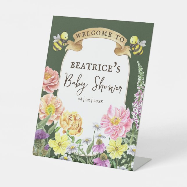 Expositor En L Bienvenidos a Baby Shower Green Bee and Wildflower (Anverso)
