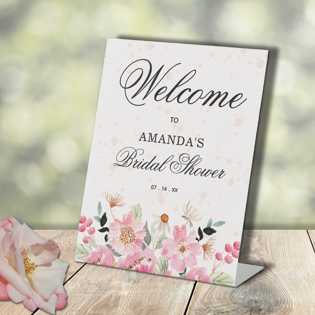 Expositor En L Bienvenidos a Brunch de Novias con Flores Rosa (Pink floral bridal shower  Welcome pedestal tabletop sign)