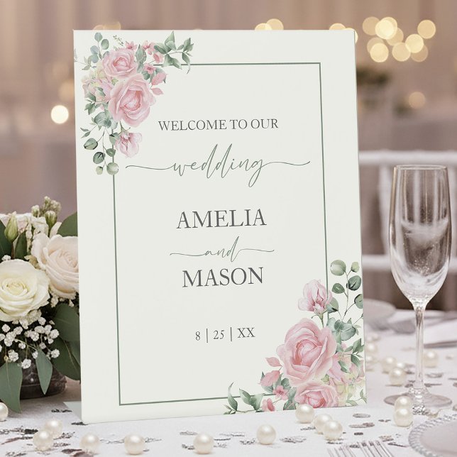 Expositor En L Bienvenidos Bodas florales rosas y verdes (Blush Pink and Sage Green Floral Wedding Welcome Pedestal Sign)