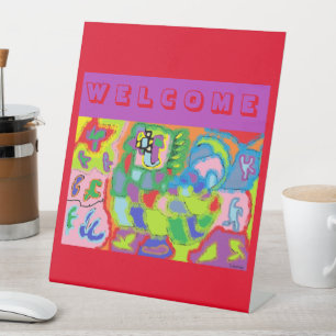 EXPOSITOR EN L BIENVENIDOS COLOR ROJO PURPLE VERDE GREETINES