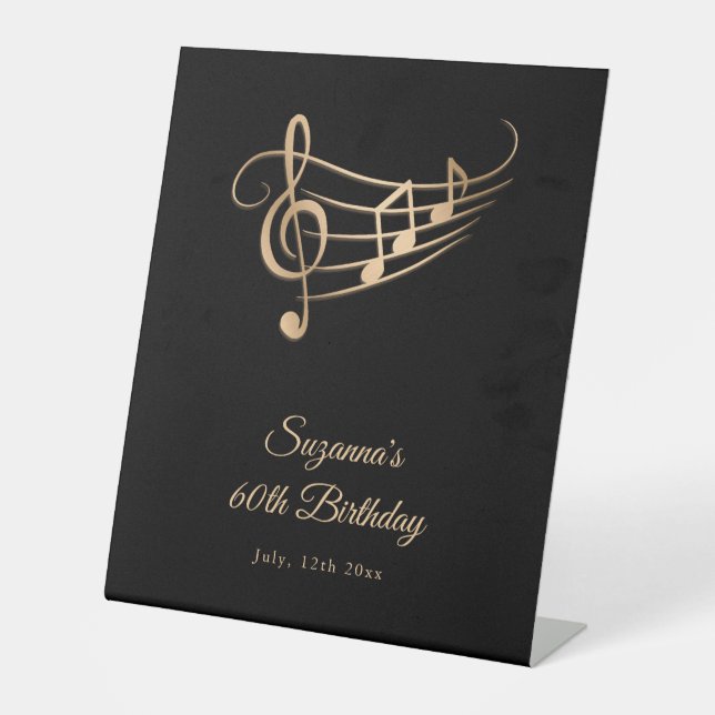 Expositor En L Birthday Gold Music Notes Elegant Pedestal Rótulo (Anverso)