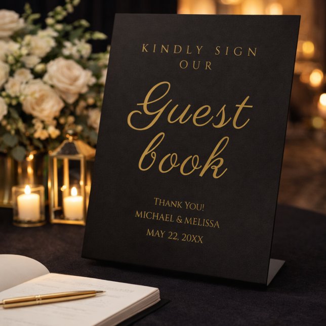 Expositor En L Black and Gold 50th Anniversary Guest Book Sign (Elegant black and gold guest book sign with warm candle glow.)