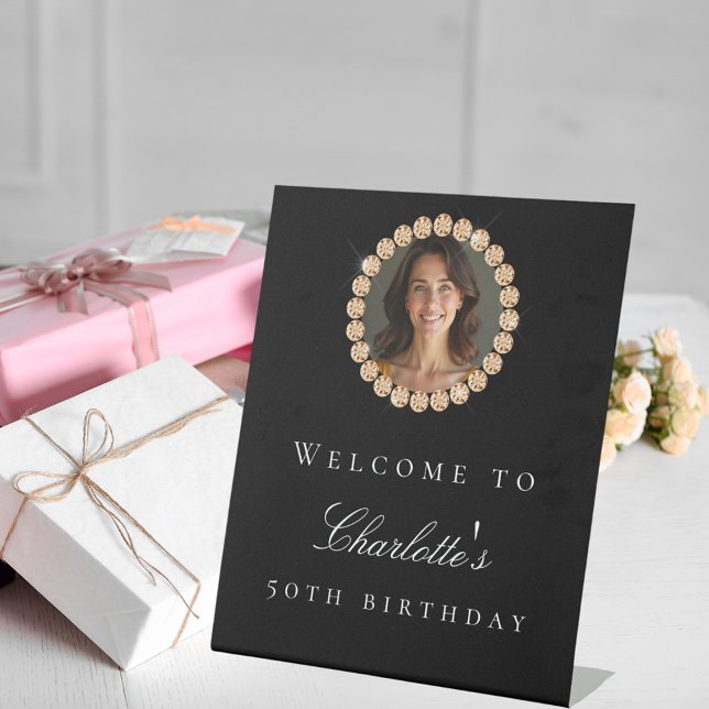 Expositor En L Black gold diamonds photo birthday party welcome (Subido por el creador)