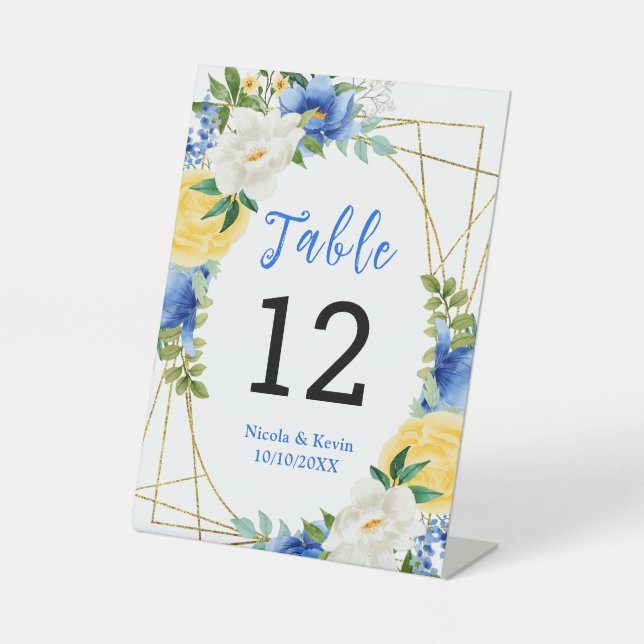 Expositor En L Blue and Yellow Floral Wedding Table Number (Anverso)