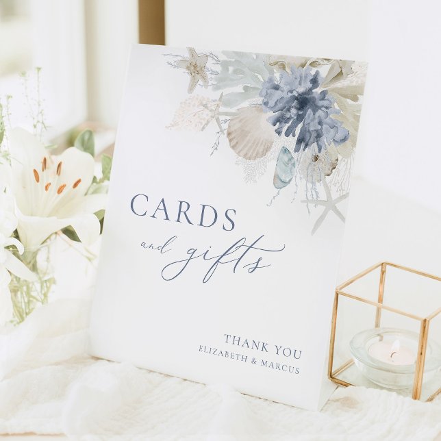 Expositor En L Blue Coastal Cards and Gifts Wedding Table Sign (Coastal wedding cards and gifts sign dusty blue seashell starfish elegant reception table decor)