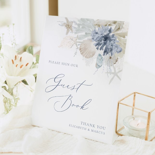 Expositor En L Blue Coastal Guest Book Wedding Pedestal Sign (Blue coastal guest book wedding sign with seashell design, elegant beach reception decor)