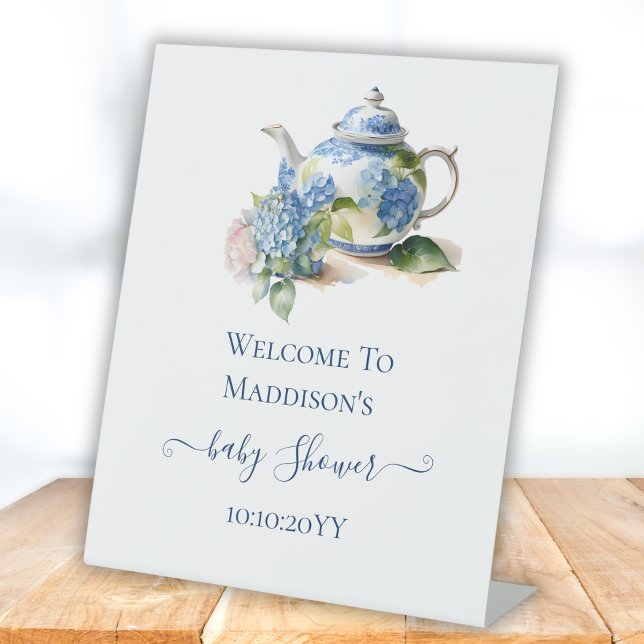Expositor En L  Blue Hydrangea Baby Shower Tea Party Welcome  (Subido por el creador)