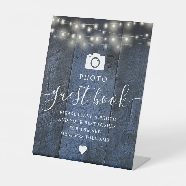 Expositor En L Blue Rustic Wood String Lights Photo Guest Book (Anverso)