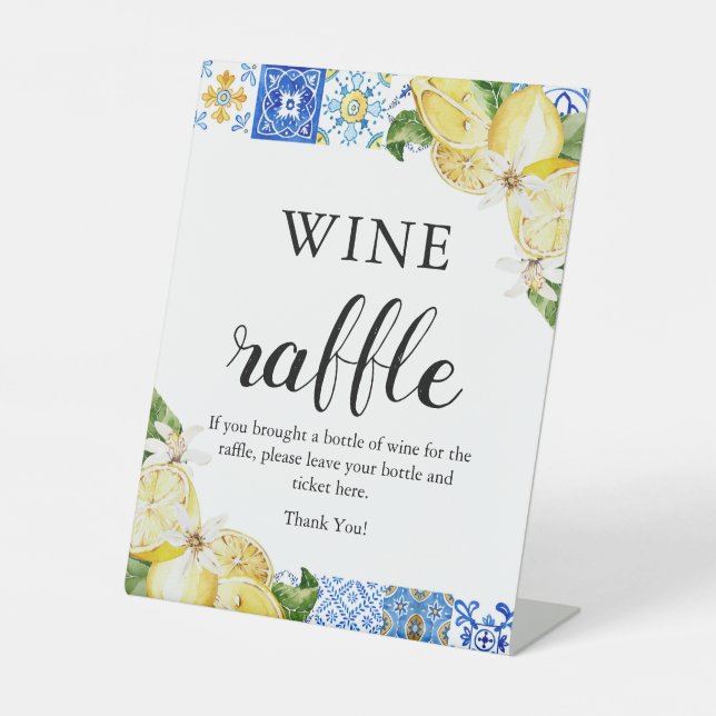 Expositor En L Blue Tiles Lemon Wine Raffle Bridal Shower Rótulo (Anverso)
