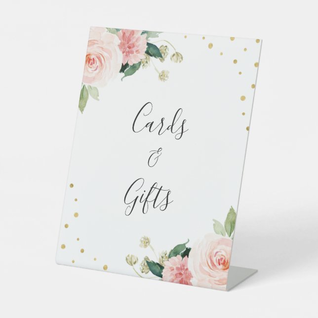 Expositor En L Blush pink gold peony floral wedding gifts sign (Anverso)