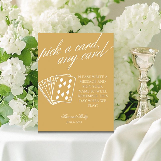 Expositor En L Boda amarillo moderno jugando cartas Rótulo Pedest (Add a fun touch to your wedding or event with this modern serif playing cards guest book sign.)