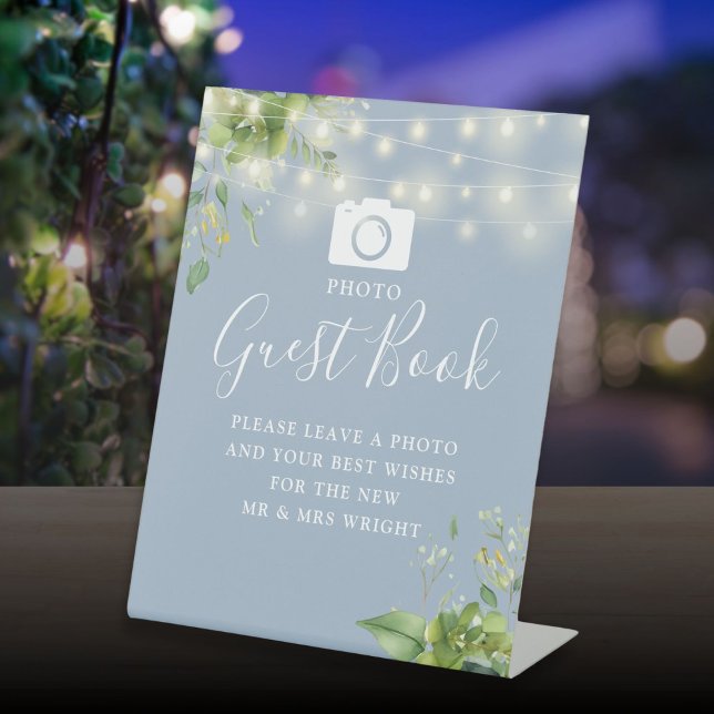 Expositor En L Boda azul de Dusty Dusty, libro de invitado fotogr (Photo Guest Book Greenery Dusty Blue Wedding Pedestal Sign)
