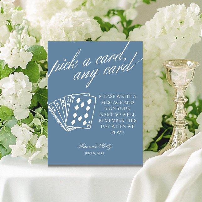 Expositor En L Boda azul moderno jugando cartas Rótulo peatonal (Add a fun touch to your wedding or event with this modern serif playing cards guest book sign.)
