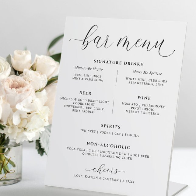 Expositor En L Boda Bar Bebidas Menú Elegantes Bebidas con firma (Elegant Wedding Bar Menu Table Sign)