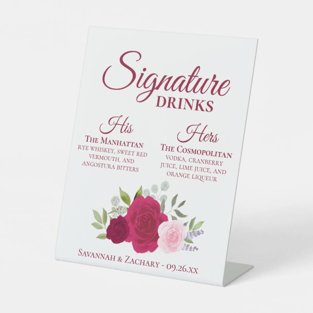Expositor En L Boda de bebidas magenta y rosas rosadas con firma (Anverso)