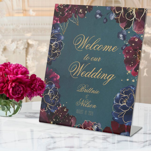 Expositor En L Boda de bienvenida de Bordeaux Sapphire Jewel Tone (Teal Bordeaux Sapphire Jewel Tone Welcome Wedding Pedestal Sign)