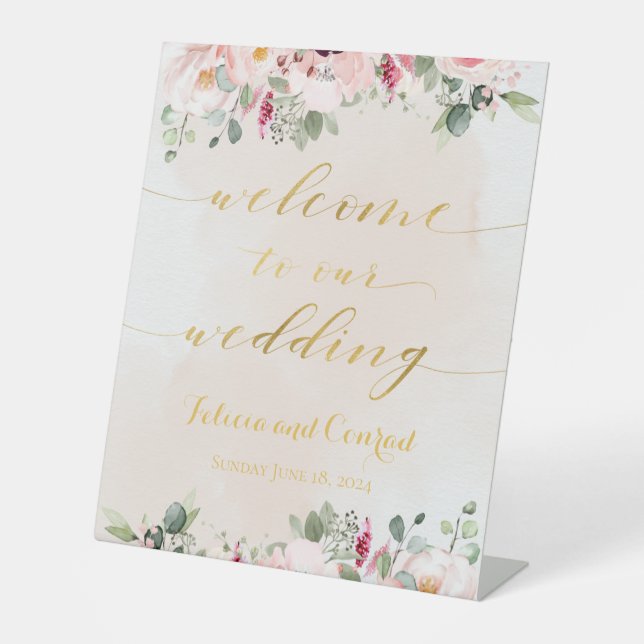 Expositor En L Boda de bienvenida de Rubor Pink Gold Script (Anverso)