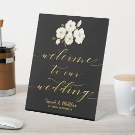 Expositor En L Boda de bienvenida Gold Calligraphy White Floral