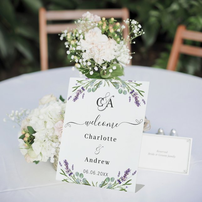 Expositor En L Boda de bienvenida Lavender eucalipto monograma (Subido por el creador)