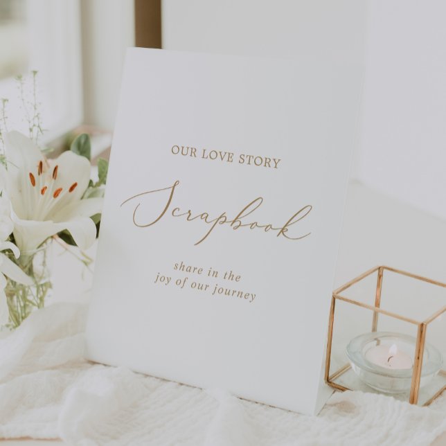 Expositor En L Boda de caligrafía de oro Delicado (Delicate Gold Calligraphy Wedding Scrapbook Pedestal Sign)