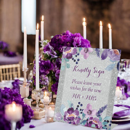 Expositor En L Boda de color morado floral y Purpurina plateado