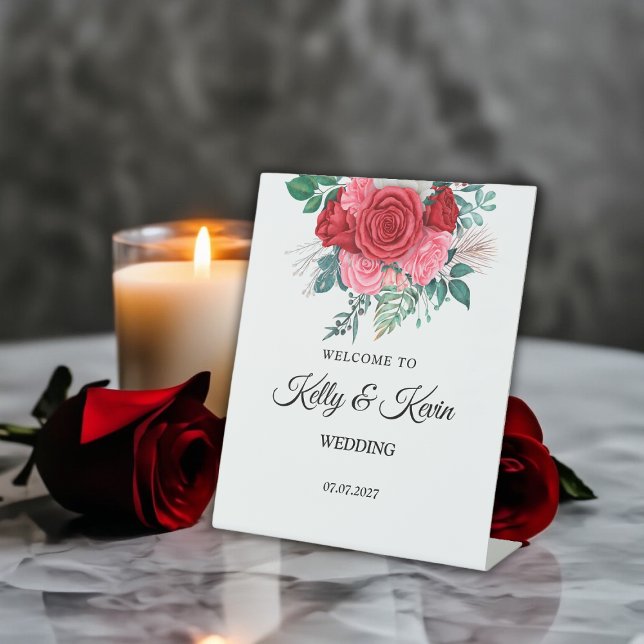Expositor En L Boda de color rojo rosa (Red Rose Watercolor Wedding Pedestal Sign)