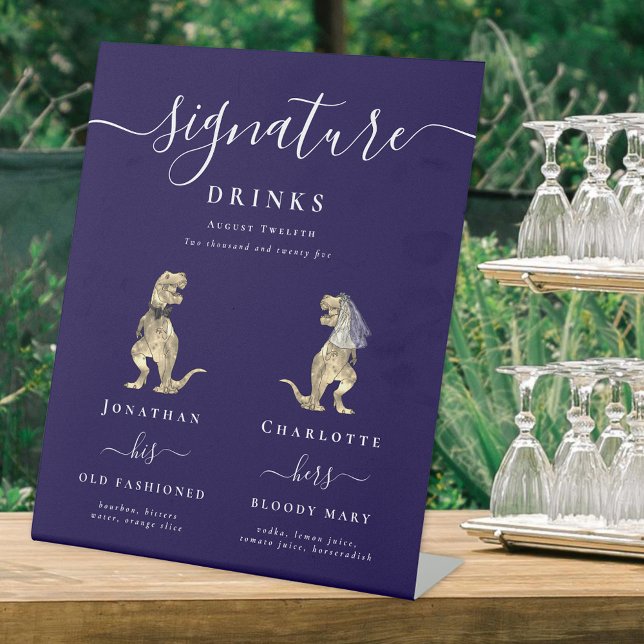 Expositor En L Boda de dinosaurios divertida firma bebe azul mari (Funny Dinosaur wedding bride & groom signature drinks cocktail bar sign his and her cocktails T-Rex )