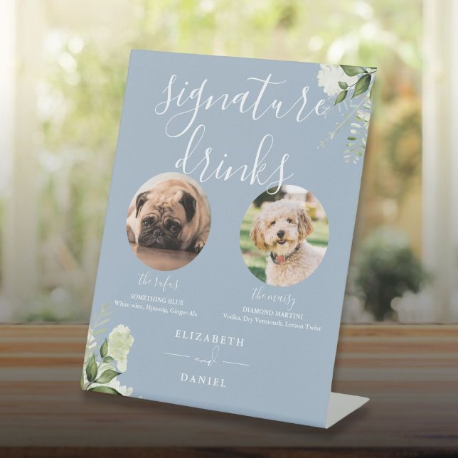 Expositor En L Boda de flores azules turbias Mascota Perro Bebida (Dusty Blue Floral Wedding Pet Dog Signature Drinks Pedestal Sign)
