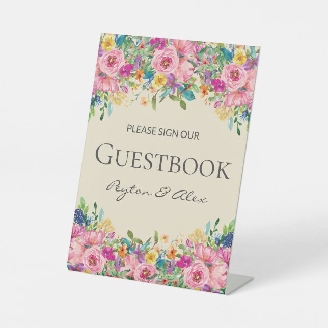 Expositor En L Boda de flores silvestres rosadas Rótulo nuestro l (Anverso)