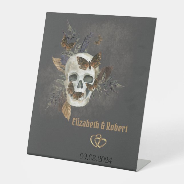 Expositor En L Boda de las mariposas florales góticas del cráneo (Anverso)