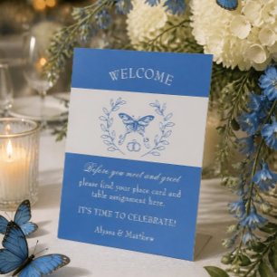 Expositor En L Boda de mariposa azul Tarjeta de mesa Rótulo