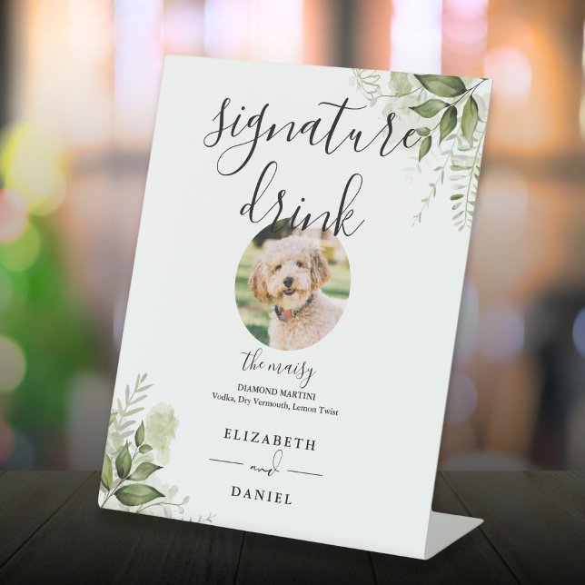 Expositor En L Boda de vegetación floral bebida Mascota firma (Floral Greenery Wedding Pet Signature Drink Pedestal Sign)