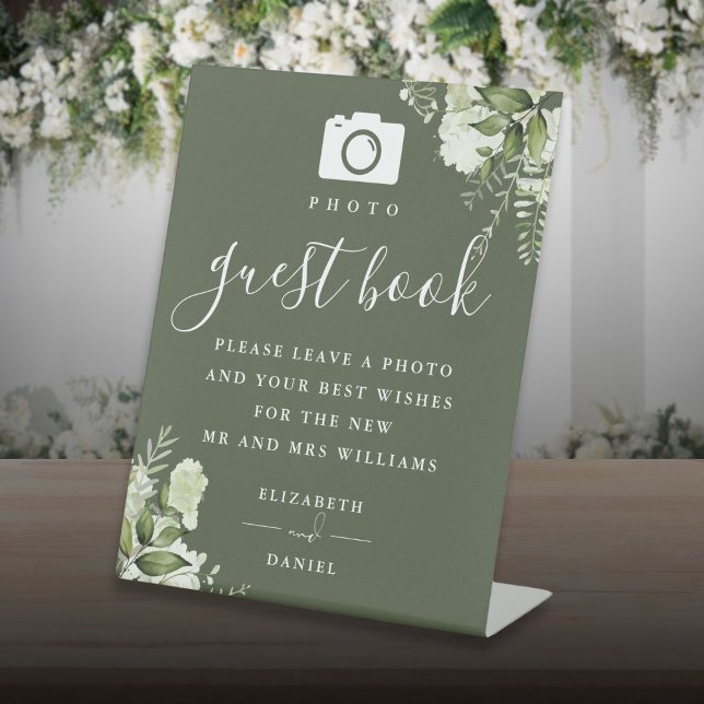 Expositor En L Boda del libro de invitados de Olive Green Greener (Olive Green Greenery Photo Guest Book Wedding Pedestal Sign)